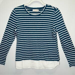 Tory Burch 100% Linen Stripe Minimalist Crew Neck Long Sleeve Shirt Hem Medium